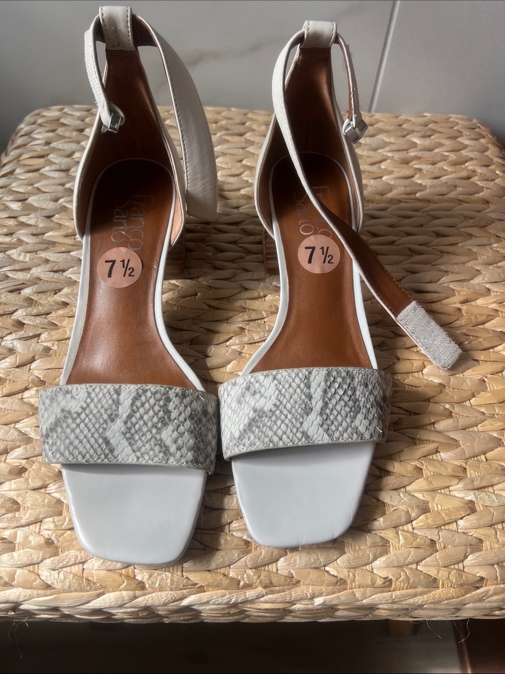 White Ankle-Strap Sandals with Snake-Print Toe Band